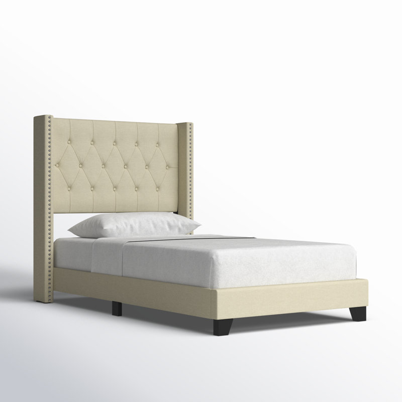 Lit standard tapissier Sanders, Simple, Lin beige