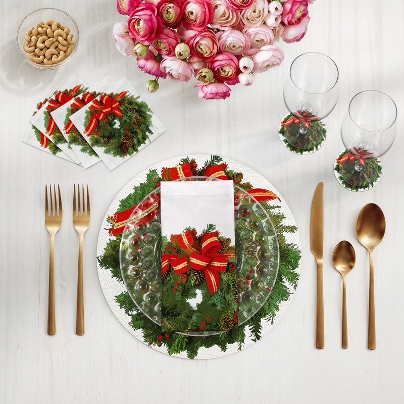 Christmas Wreath Cotton Sateen Cocktail Napkins, White Red