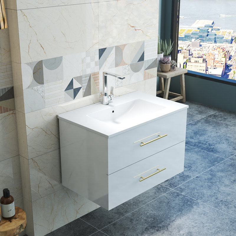 Ensemble de meuble-lavabo mural 30 po avec lavabo, double tiroir, lavabo en céramique et installation facile, Blanc
