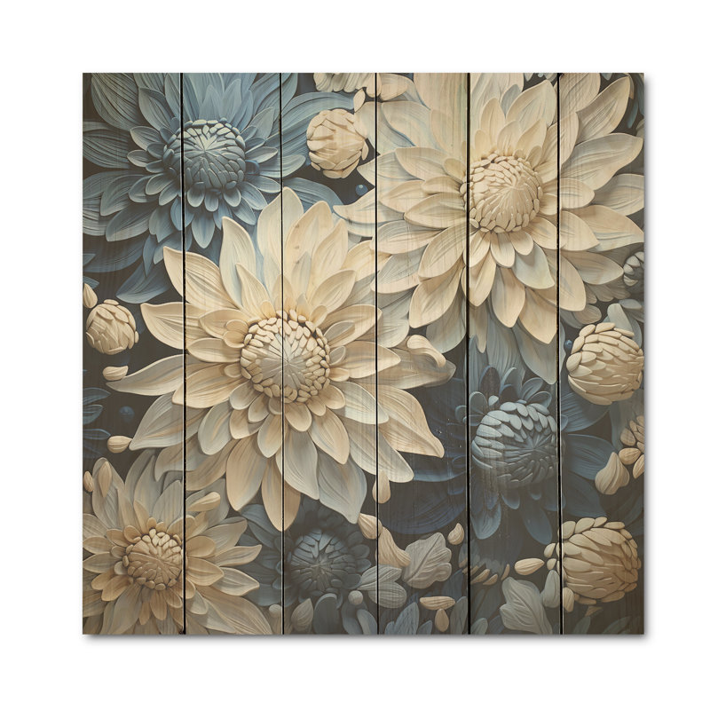 «Pure White» and Blue Chrysanthemums Beauty I - Chrysanthemums Wood, art mural sur bois de pin naturel, H 15 po x l 15 po