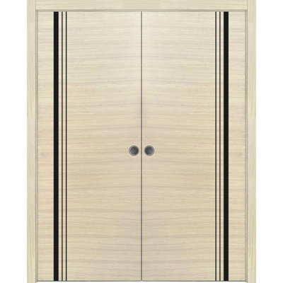 Portes coulissantes doubles modernes Planum 0011, ensemble de garnitures et de quincaillerie en placage naturel, bois massif, pour chambre à coucher, placard, porte robuste de 84 po x 96 po (2 x 42 x 96 po)