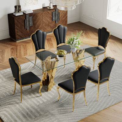 Ensemble de salle à manger 7 pièces 7 pièces - Table de salle à manger en verre 70 po avec base en acier inoxydable et 6 chaises en similicuir
