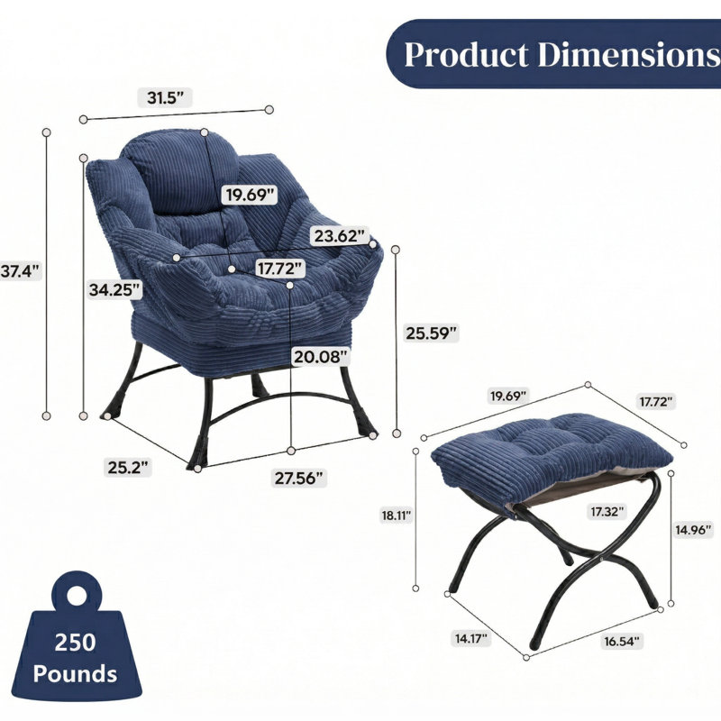 Fauteuil d'appoint avec repose-pieds Corduroy Lazy, Bleu