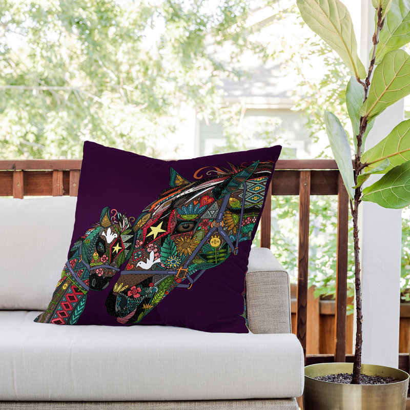 Coussin extérieur Sharon Turner, Mauve / vert / bleu / orange / rouge / rose / chev, Carré 26 po