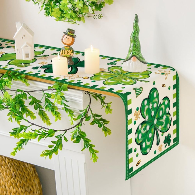 Four Leaf Clover Shamrocks Table Runner, St. Patrick’S Day Lucky Stripes Kitchen And Dining Decor