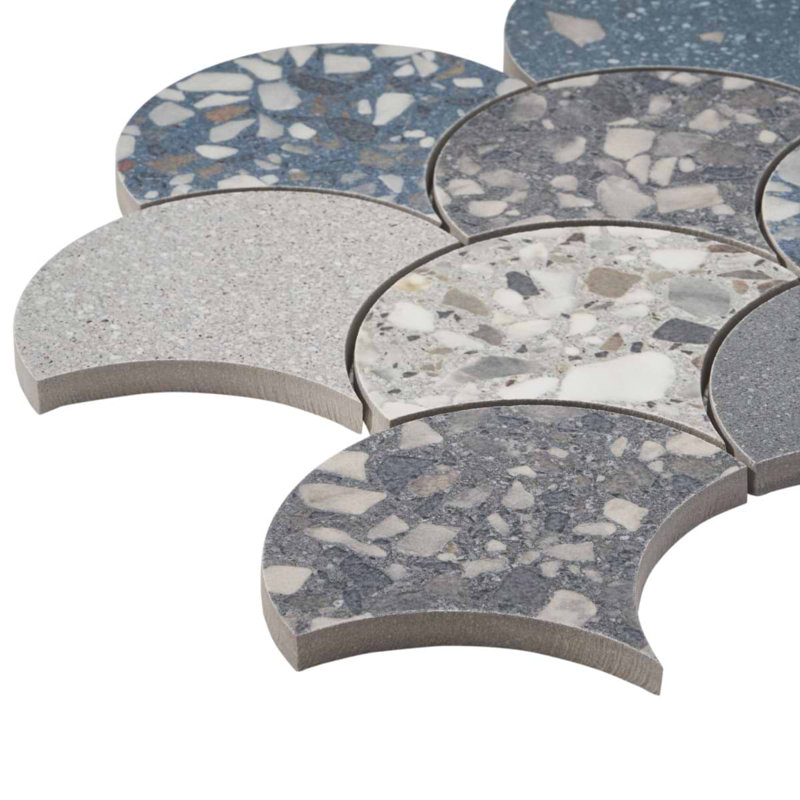 Kobe Fishscale Mix 4" Terrazzo Look Matte Porcelain Mosaic Tile, Cool Blue