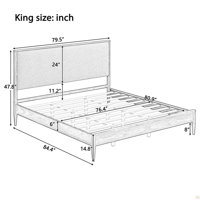Lit plateforme de style Mid-Century moderne avec pieds fuselés, base de lit en bois massif très grand, lit avec tête de lit tapissier Boucle, support de lattes en bois durable, aucun sommier nécessaire, noir