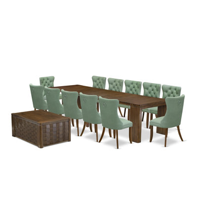 Ensemble de salle à manger extensible 14 pièces comprenant une table de cuisine rectangulaire, 1 table basse et 12 chaises en tissu de polyester vert saule, noyer antique