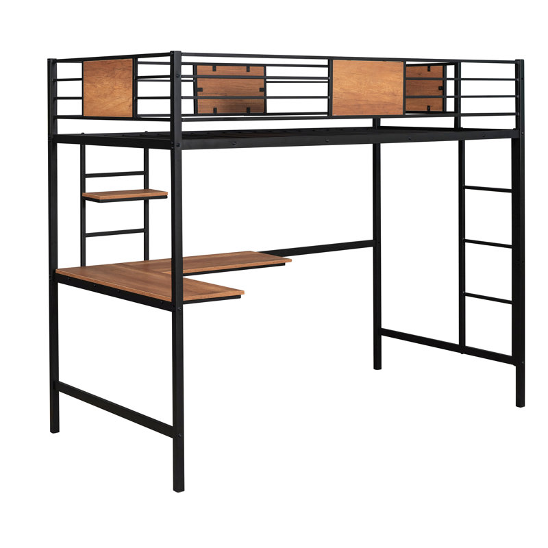 Lit mezzanine simple en métal avec bureau et tablette, Noir