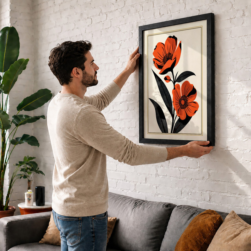 Double Bloom Botanical - Framed Print, A2 - 59.4 x 42.0 cm, Black