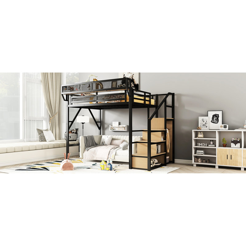 Lit mezzanine haut avec escalier, tablettes de rangement et garde-robe, lit double en métal, capacité de 350 lb, capacité, noir