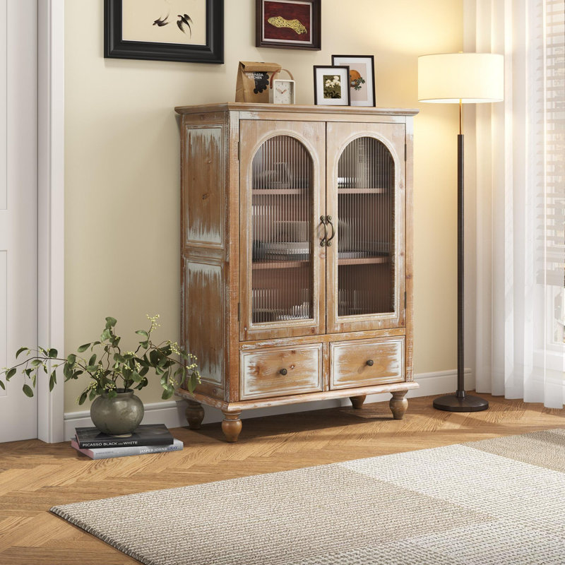 Modern Tall Sideboard and Buffets with Glass Doors Cabinets and Drawers,For Kitching/Dining Room/Living Room, Natural