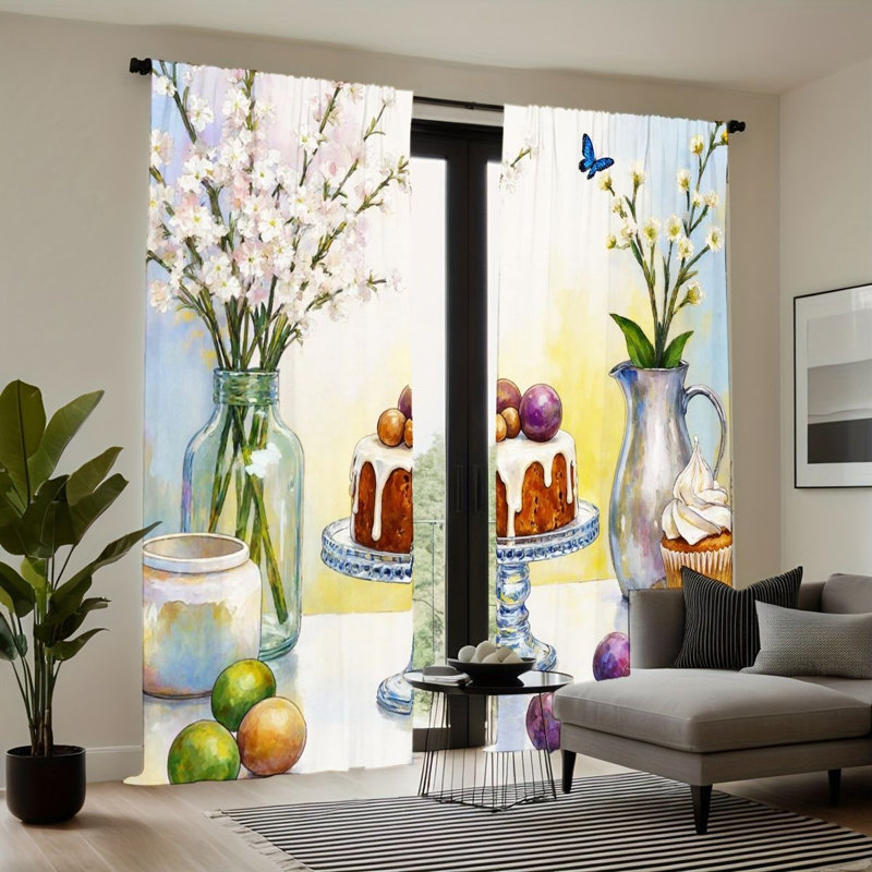 2 panneaux de rideaux filtrant la lumière avec des fleurs de cerisier et des papillons, L 52 po x H 63 po x 2 pièces