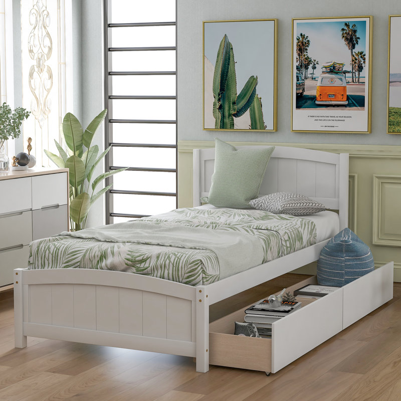 Lit plateforme simple avec deux tiroirs, blanc, Blanc