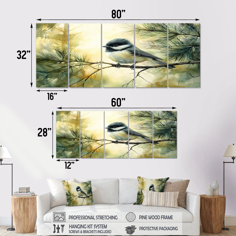 Chickadee Bird In The Autumn Pines II - Art mural oiseau - ensemble d'art mural moderne, H 28 po x l 60 po