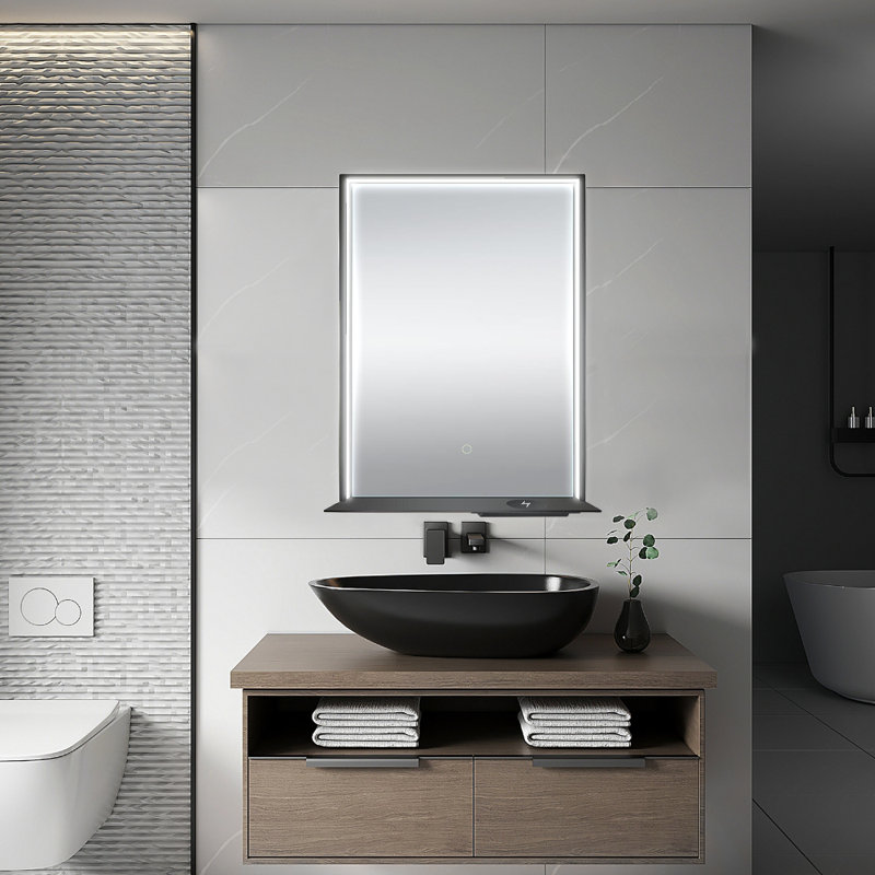 24" W x 32" H Matte Black Framed LED Mirror with Bluetooth Speaker and Integrated Cell Phone Charger