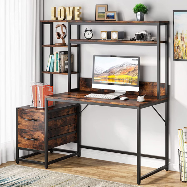 Computer Desk with Hutch, Writing Desk Study Table Storage Cabinet with  2-Tier Open Shelf & 3 Large Drawer, 59.06'' Craft Desk Workstation Desk  with