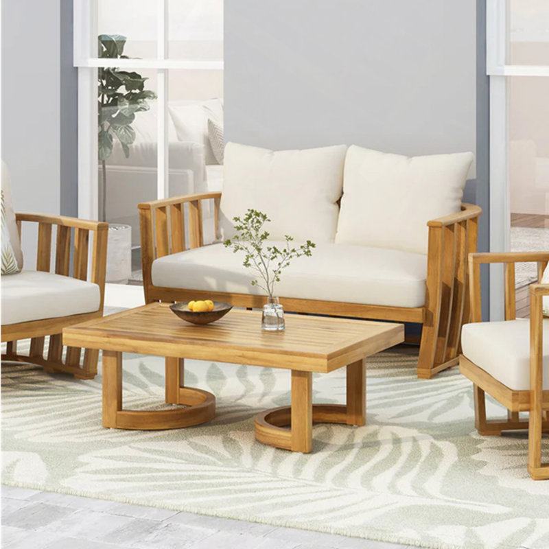 Outdoor Acacia Wood Loveseat And Coffee Table Set With Cushions