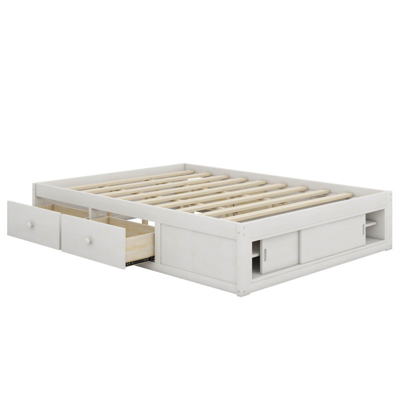 Queen Size Platform Bed Frame With 4 Storage Drawers & Footboard Cubby – No Headboard, Antique White