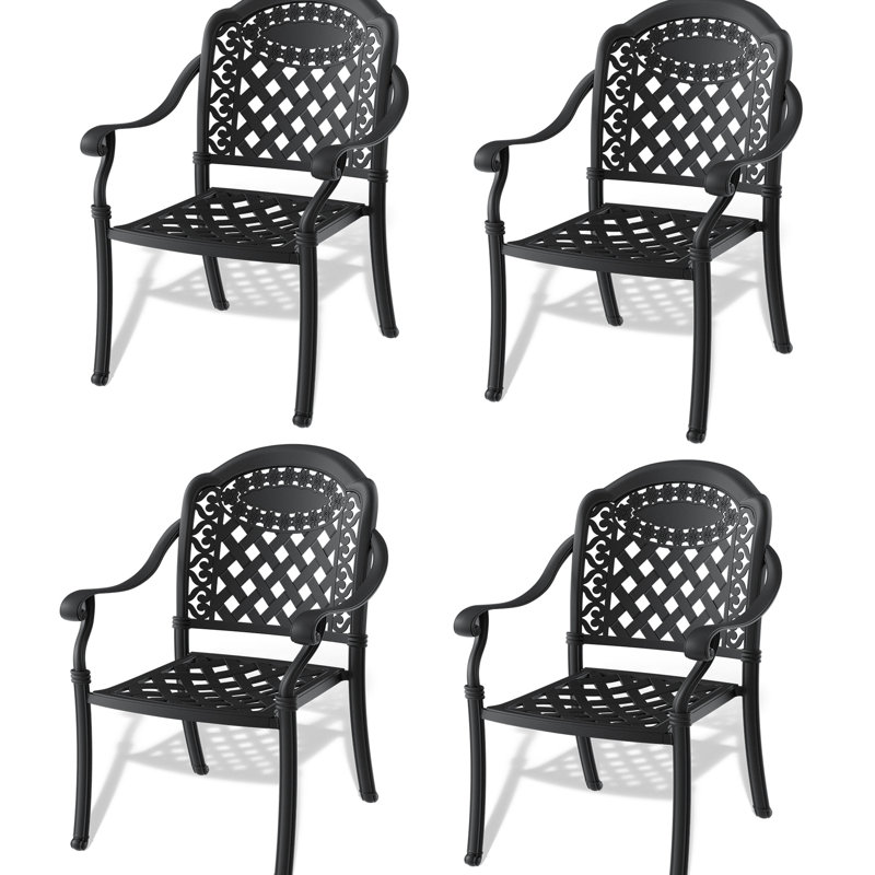 4Pcs Cast Aluminum Patio Seating Chairs - Black Frame With - Cushions For Outdoor Garden Comfortable Armrest, 4