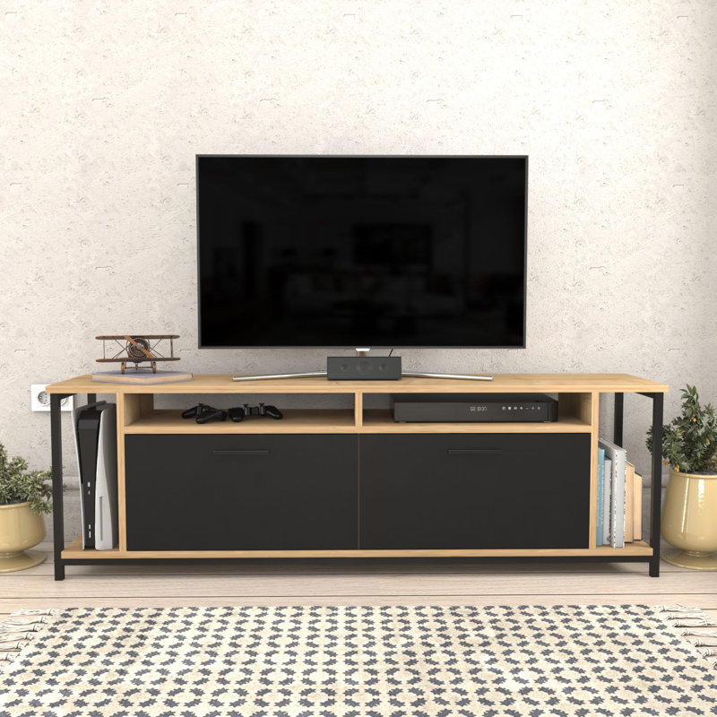 Meuble télé moderne, chêne et noir, 63,0 x 13,8 x 20,0 pouces | 100% panneau de particules enduit de mélamine, épaisseur: 0,7 pouce | Design industriel élégant, parfait pour le salon et les espaces de divertissement, durable et fonctionnel