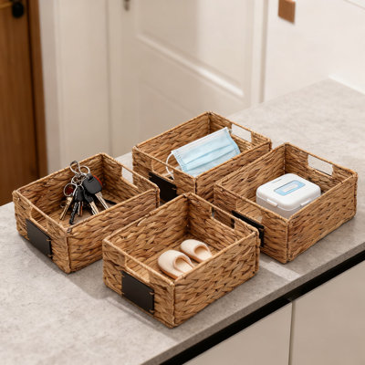 Foldable Storage Baskets Set Of 4 - Woven Seagrass Organizer Bins With Chalkboard Labels For Home Pantry Shelf And Closet Organization