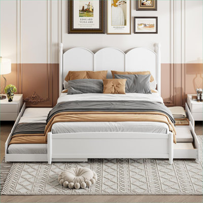 Storage-Focused Queen Size Platform Bed, Classic Curved Style, Solid Wood Build, Soft White Finish With Twin XL Trundle And Two Drawers