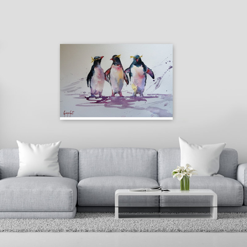 «Playful Penguin Friends», reproduction d'art colorée ludique, pingouin, oiseau, faune, hiver, 40" H x 60" W