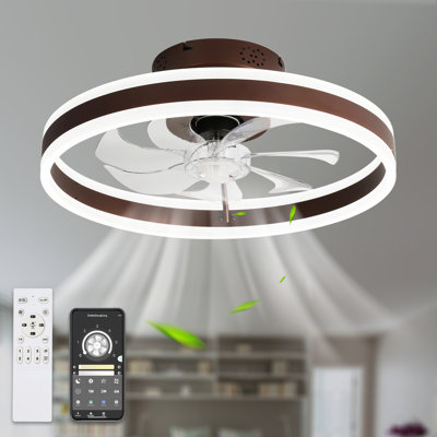 19.7" Low Profile Modern Ceiling Fan with Lights and Remote, Flush Mount Smart Ceiling Fans Brown Fandelier for Bedroom