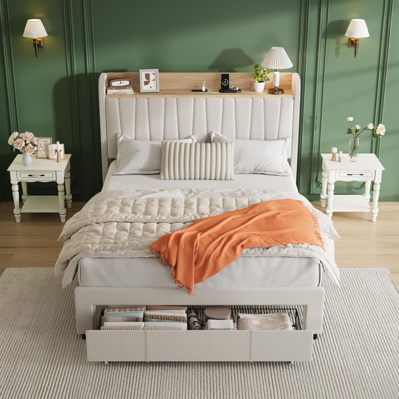 Queen Size Upholstered Bed Frame with Storage Headboard and Charging Station, Platform Bed Frame with Drawers, Beige, Queen