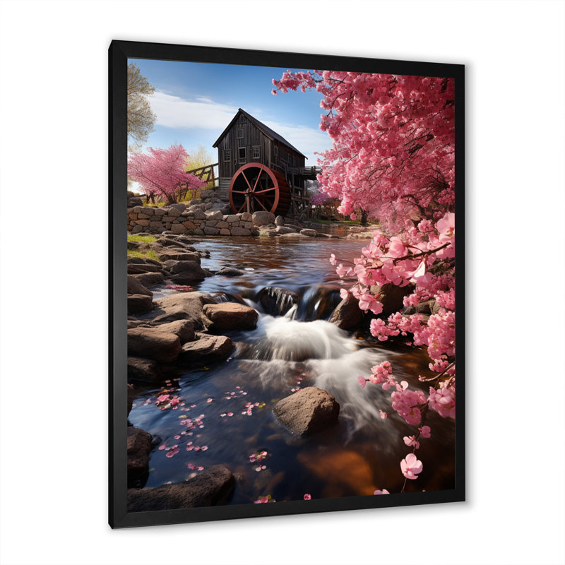 «Maigo Pink Brown Mill In Spring», reproduction sur toile, H 20 po x l 12 po x P 1 po, Cadre photo noir