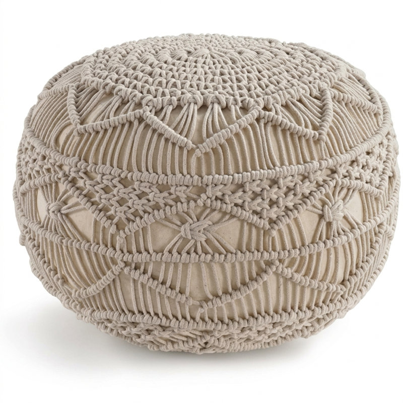 Sadie Boho Beige Geometric Macrame Pouf Ottoman