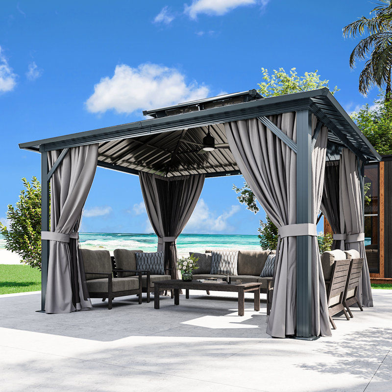 12 pi. L 10 pi. D Pavillon de jardin en métal avec ventilateur lumineux