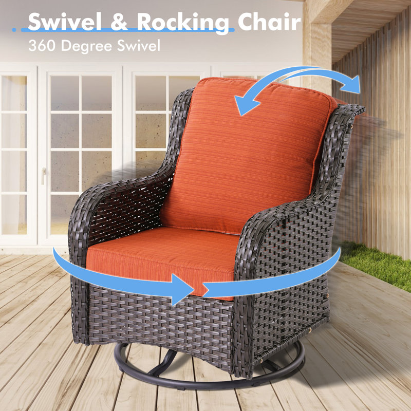 Amerissa 3 Piece Outdoor Swivel Chair, Rocking Patio Set With Cushions, Orange Red Cushion/Brown Frame