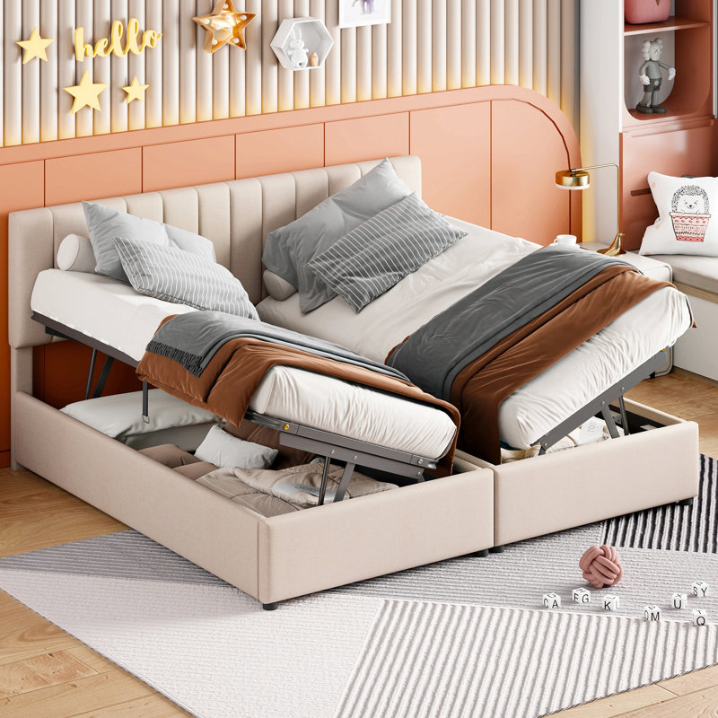 Lit plateforme tapissier Chittum avec système de rangement hydraulique, Beige