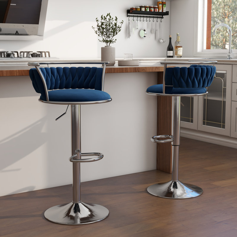 Christal Height Adjustable Swivel Bar Stool, Navy Blue, Silver