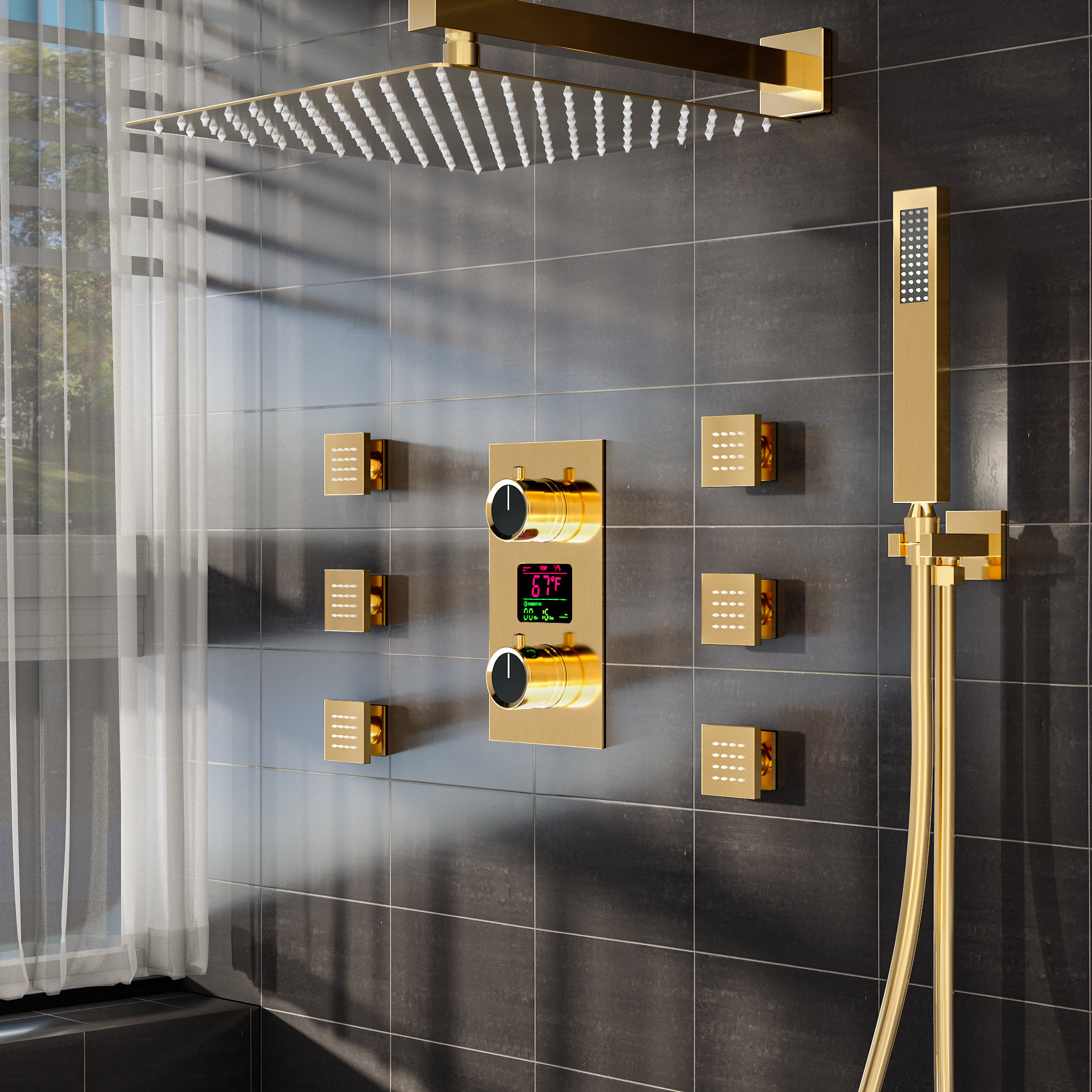 Black Gold Faucet Shower System Bathroom Toilet Rack Thermostatic Big Shower  Faucet Set Copper
