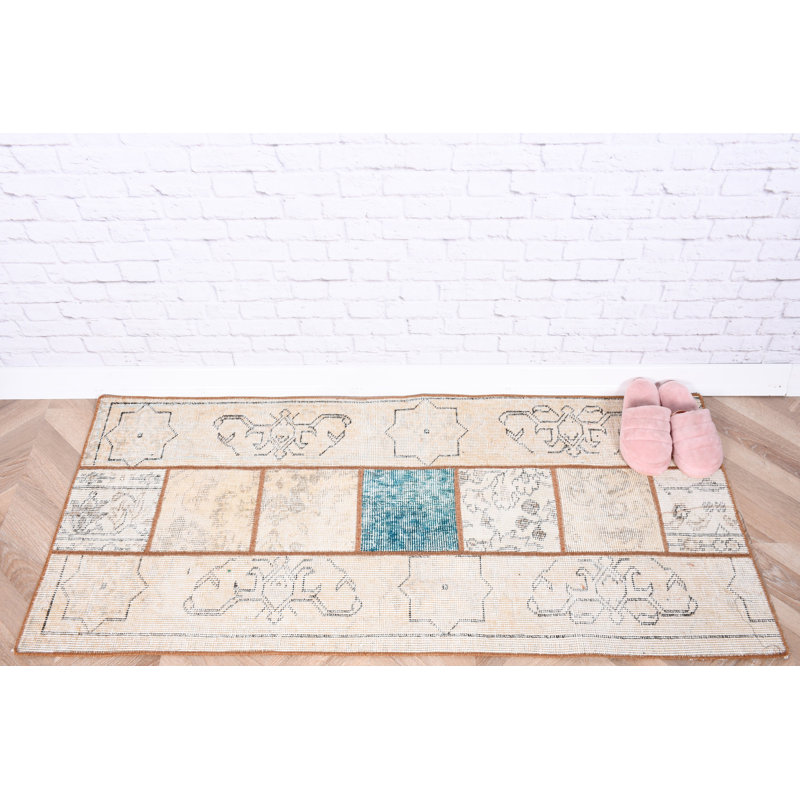 Small Beige Wool Handwoven Turkish Patchwork Rug Perfect For Entryway Home Decor