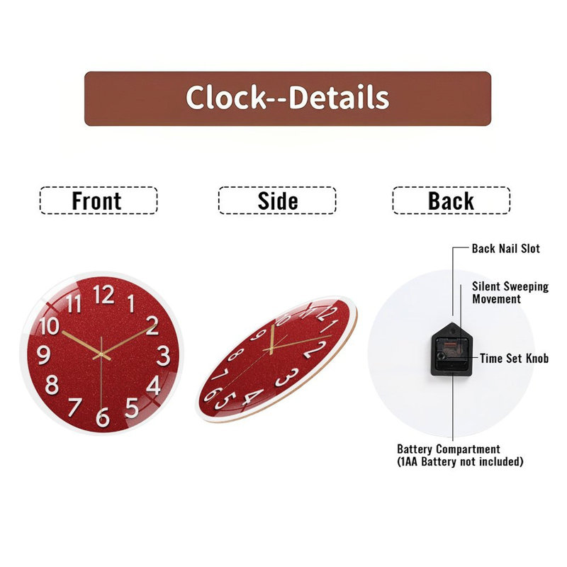 Horloge murale 12 po ronde en verre trempé avec mouvement à quartz silencieux