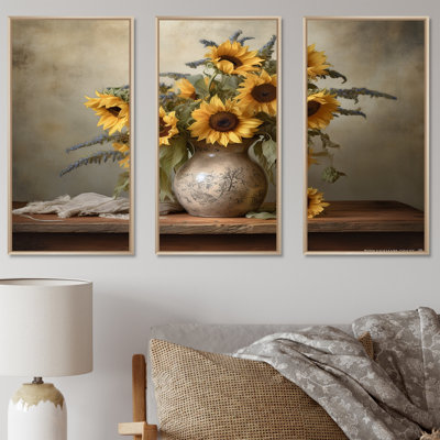 «Vintage Sunflowers Bouquet Still Life I» - ensemble de reproductions d'art mural tournesols