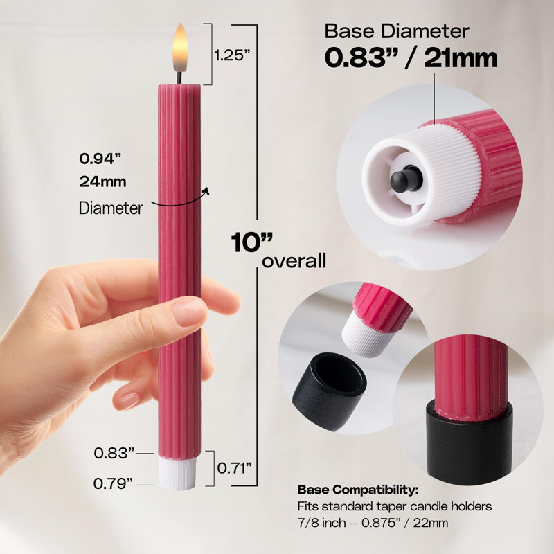 Fluted Ribbed Grooved LED Flameless Taper Candles, Remote, On/Off Button, Battery Operated, 12 Pack, Pink