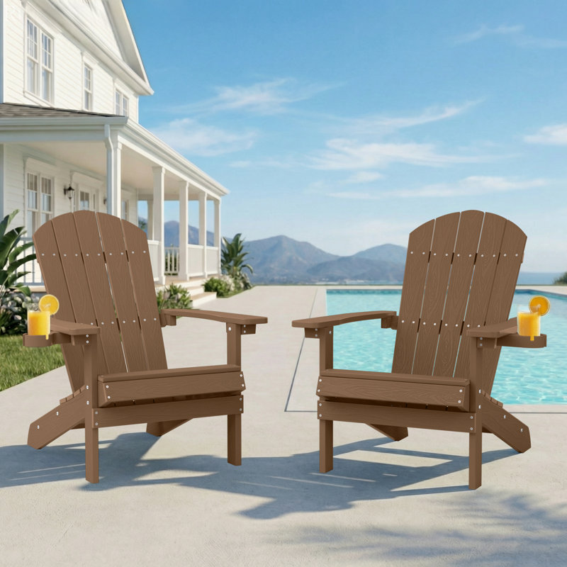 Outdoor Adirondack Chair set of 2 with Cup Holder All-Weather HIPS Patio Chairs for Lawn, Garden, Fire Pit, Backyard, Brown