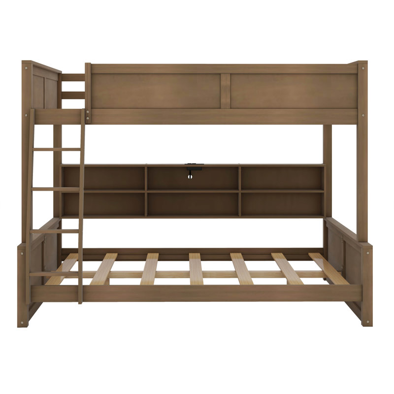 Lit double superposé au-dessus de grand lit double avec rangement, Couleur de bois antique