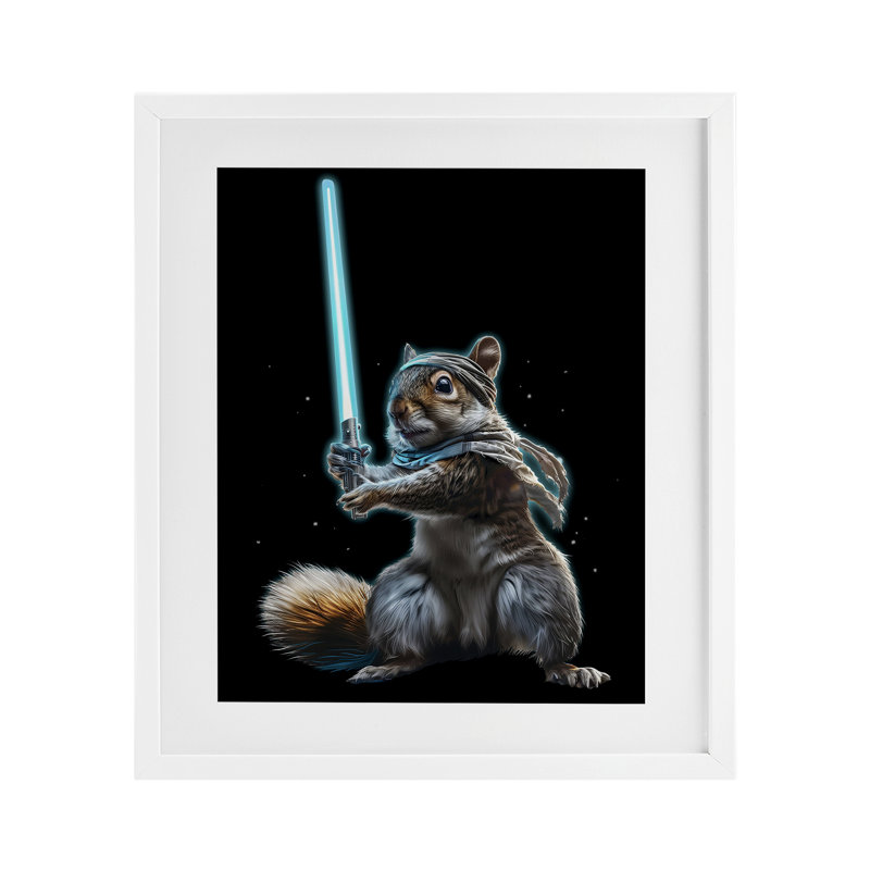 «Feel The Force Squirrel», impression sous verre encadrée, conception par Jim Baldwin, H 16 po x l 13 po, Cadre blanc côtier