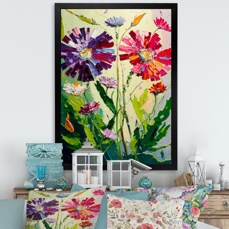 Fleurs sauvages rouges et mauves - reproduction sur toile, H 20 po x l 12 po x P 1 po, Cadre photo noir