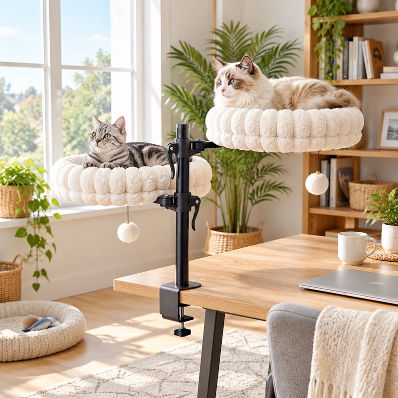Lit-hamac pour chat blanc avec 2 lits amovibles et boules suspendues, fenêtre et perchoir de bureau peu encombrant pour chats jusqu'à 24 lb