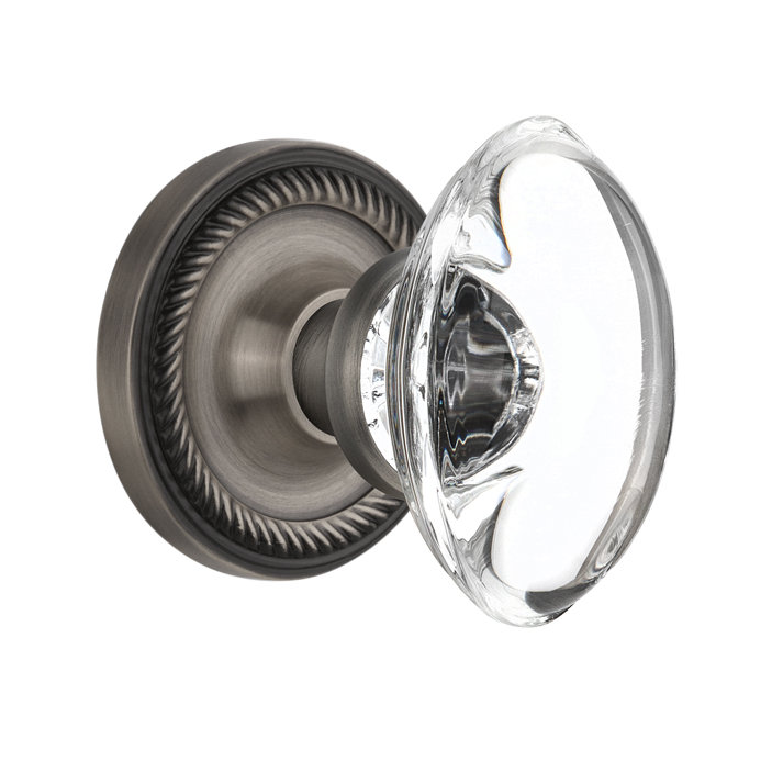 Rope Rosette with Oval Clear Crystal Door Knob, Antique Pewter