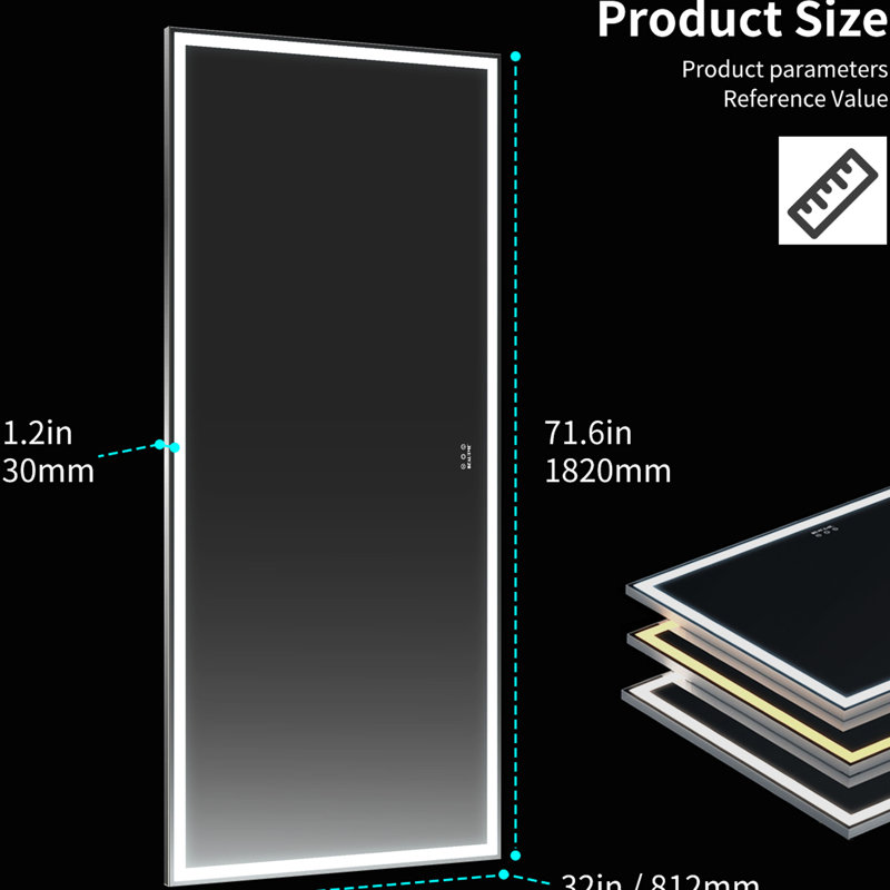 Miroir de salle de bain 72 x 32 pouces pleine longueur avec 3 lumières de couleur, imperméable, cadre en aluminium, fixation murale, pour le salon de la chambre à coucher, DEL argentée