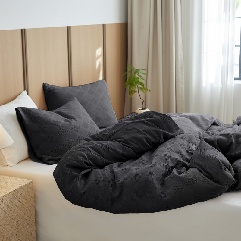 100% Cotton Waffle Weave Duvet Cover Set, Full, Charcoal Grey