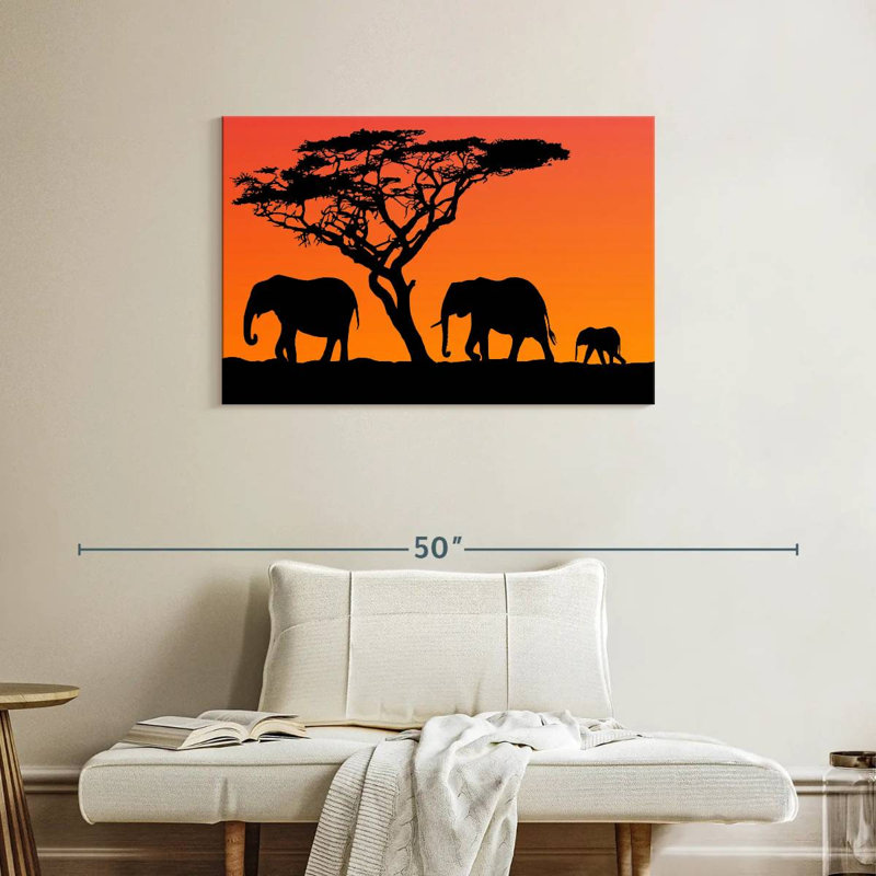 Orange Sunset Elephants, 24" H x 36" W